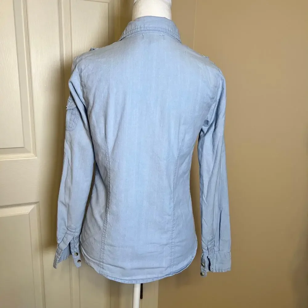 Delia’s Y2K Denim Shirt Chambray Button Down 2000's Lt Blue Long Sleeve Medium - Picture 5 of 8